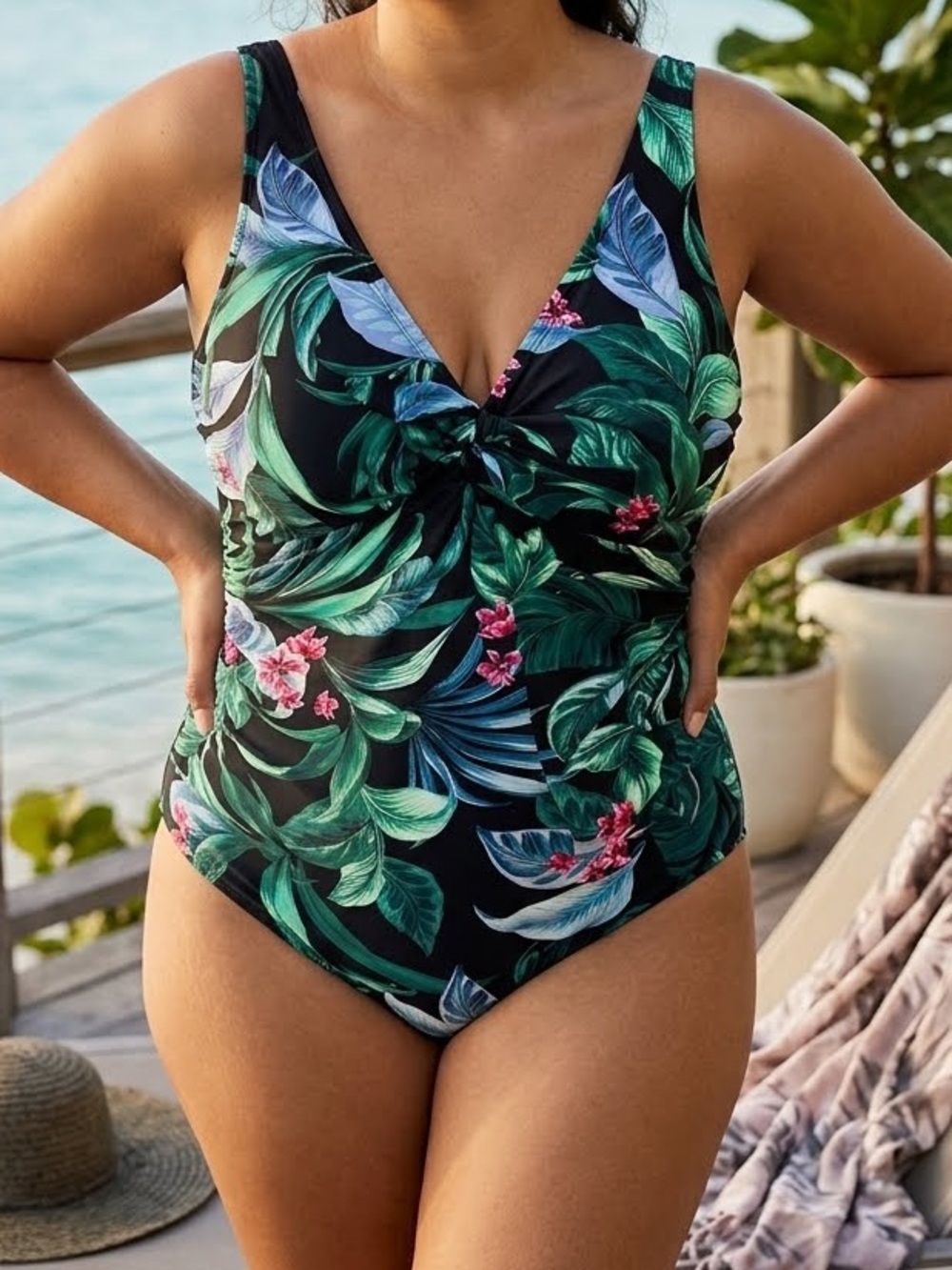 Kona Sol Swimsuit Tropical Floral One Piece Black Green vacation beach 16 NWT